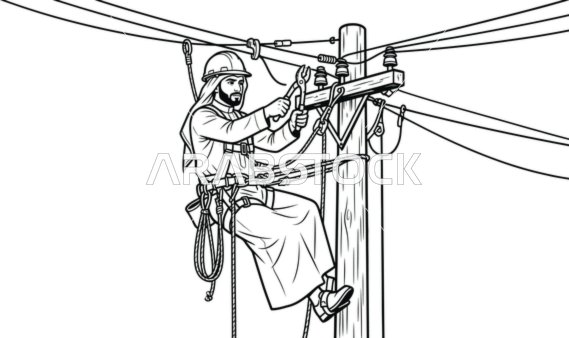 Vector sketch of an Arab Gulf Saudi man working as an electrical linesman on a power pole, white background, vector illustrator.