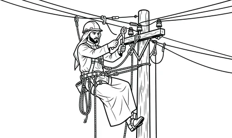 Vector sketch of an Arab Gulf Saudi man working as an electrical linesman on a power pole, white background, vector illustrator.