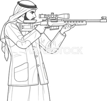 فيكتور سكيتش رجل عربي خليجي سعودي قناص يرتدي ثوب تقليدي يصوّب بندقية قنص، خلفية بيضاء، فيكتور اليستريتور
