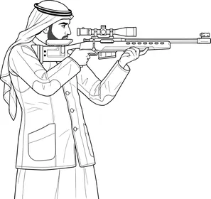 فيكتور سكيتش رجل عربي خليجي سعودي قناص يرتدي ثوب تقليدي يصوّب بندقية قنص، خلفية بيضاء، فيكتور اليستريتور