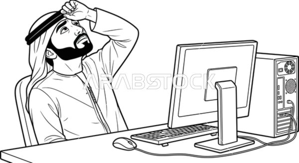 فيكتور سكيتش رجل عربي خليجي سعودي رجل أعمال منهك أمام جهاز كمبيوتر مكتبي، خلفية بيضاء، فيكتور اليستريتور