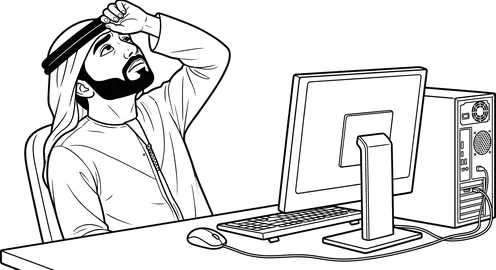 فيكتور سكيتش رجل عربي خليجي سعودي رجل أعمال منهك أمام جهاز كمبيوتر مكتبي، خلفية بيضاء، فيكتور اليستريتور