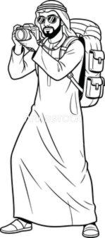 Vector sketch of an Arab Gulf Saudi tourist carrying a backpack and taking a picture, white background, vector illustrator.