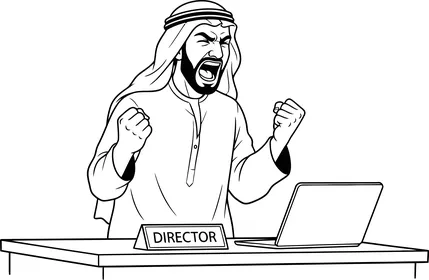 Vector sketch of an Arab Gulf Saudi businessman angrily shouting at a laptop, white background, vector illustrator.