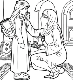 رعاية الابناء والاهتمام بهم، فيكتور سكيتش أم عربية خليجية سعودية تعطي ابنها تمراً قبل المدرسة، خلفية بيضاء، فيكتور اليستريتور