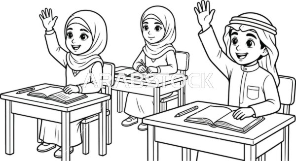 Interaction and harmony in the classroom, vector sketch of children participating in the classroom by raising their hands, white background, vector illustrator.
