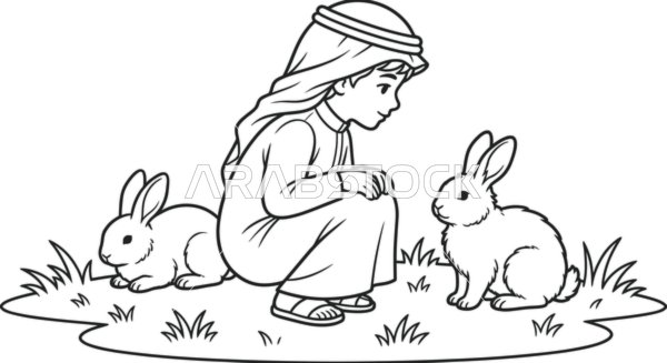 Vector sketch of an Arab Gulf Saudi child playing with rabbits, white background, vector illustrator.