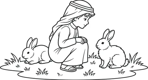 Vector sketch of an Arab Gulf Saudi child playing with rabbits, white background, vector illustrator.