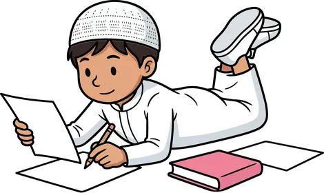 Vector sketch of an Arab Gulf Saudi child studying and writing his homework, white background, vector illustrator.