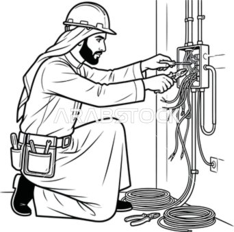 رسم توضيحي لفني كهرباء عربي يقوم بإصلاح الأسلاك