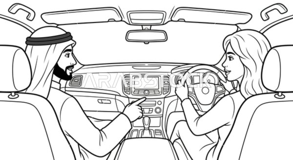 Arab Man and Woman in Car Interior Line Art Illustration