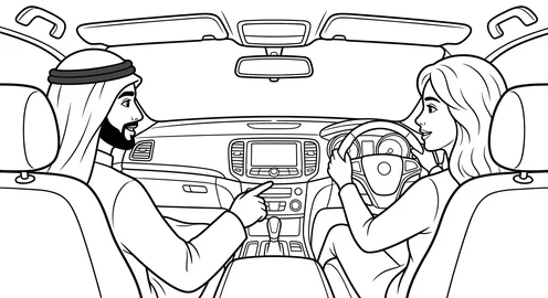 Arab Man and Woman in Car Interior Line Art Illustration