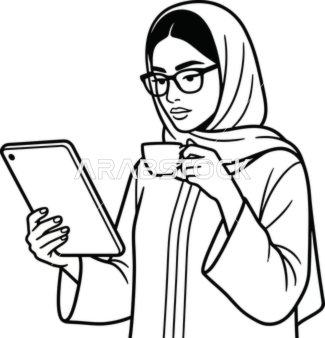 رسم توضيحي لامرأة عربية محجبة تستخدم جهاز لوحي رقمي