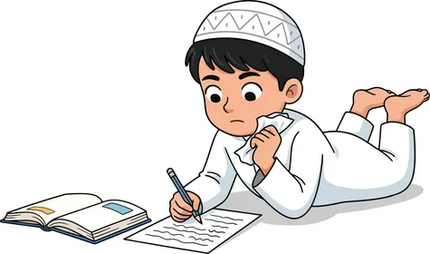Muslim Boy in Thobe Studying and Writing Vector Art