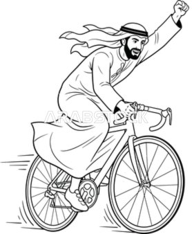 رسم خطي توضيحي لرجل عربي يركب دراجة هوائية احتفالاً