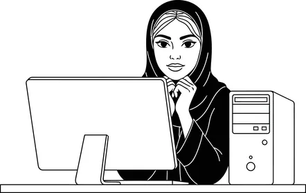 رسم توضيحي لامرأة عربية محجبة تعمل على الكمبيوتر