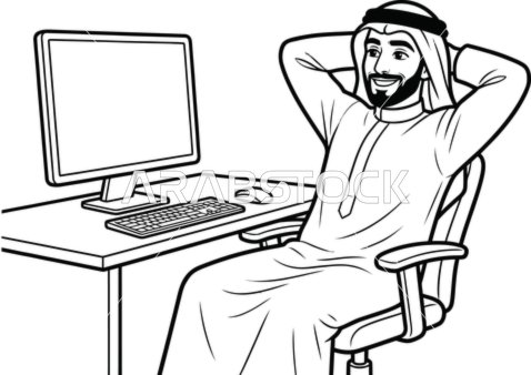 Arab Man at Office Desk Relaxed Vector Illustration