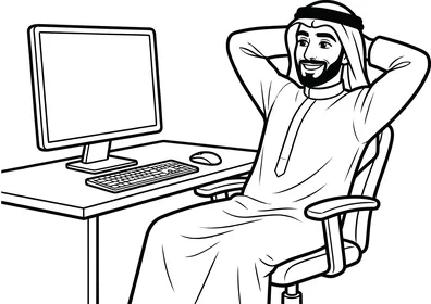 Arab Man at Office Desk Relaxed Vector Illustration