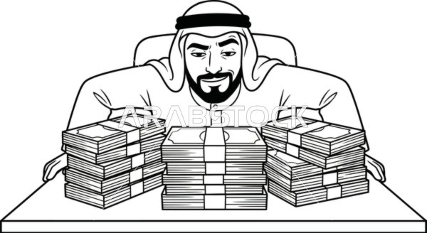 رجل عربي مع رزم أموال رسم توضيحي خطي أسود وأبيض