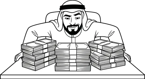رجل عربي مع رزم أموال رسم توضيحي خطي أسود وأبيض