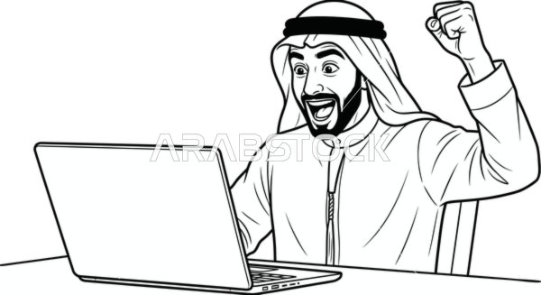 Excited Arab Man with Laptop Success Vector Art