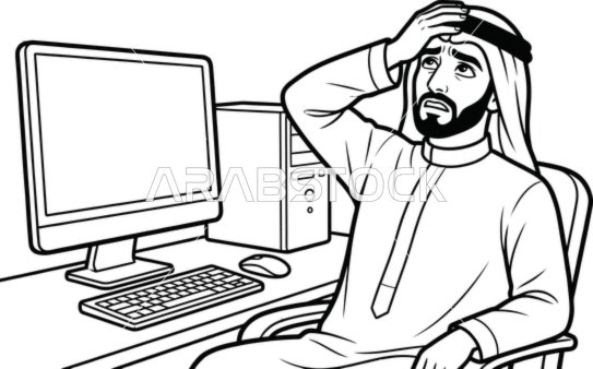 Stressed Arab Man at Computer Desk Line Art Illustration