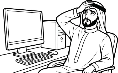 Stressed Arab Man at Computer Desk Line Art Illustration