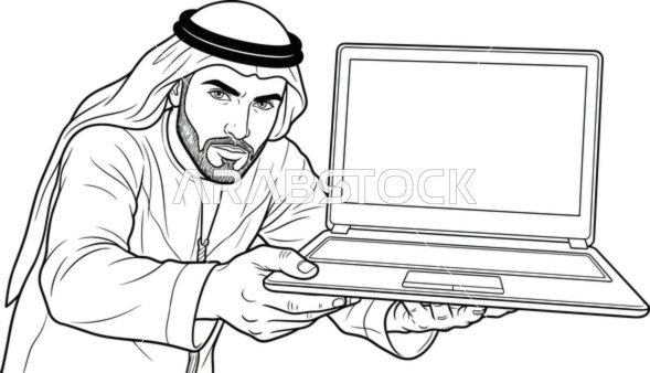 رسم توضيحي لرجل عربي يمسك لابتوب بشاشة فارغة