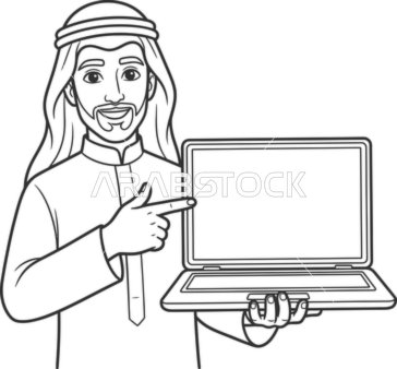 رسم خطي لرجل عربي يحمل جهاز كمبيوتر محمول ويشير للشاشة