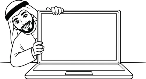 Arab Man Behind Laptop Screen Vector Line Art