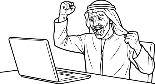 Arab Man Using Laptop Celebrating Success Vector