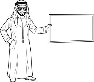 Arab Man in Traditional Dress Holding Blank Whiteboard