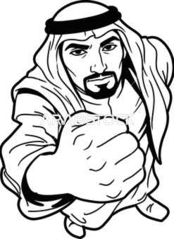 رسم توضيحي لرجل عربي بالزي التقليدي يوجه قبضته
