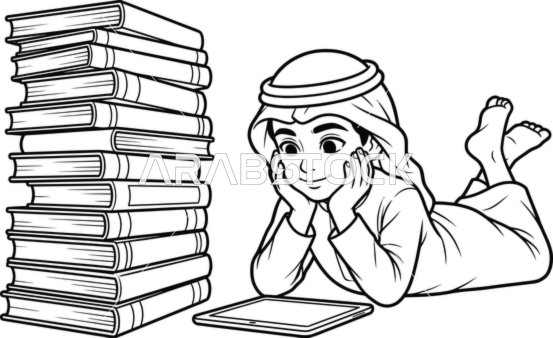 Saudi Boy with Tablet and Books Coloring Page Vector