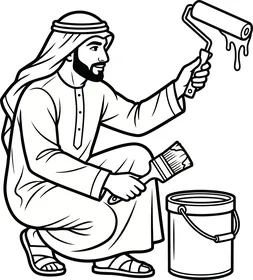 Arab Man with Painting Tools Line Art Illustration