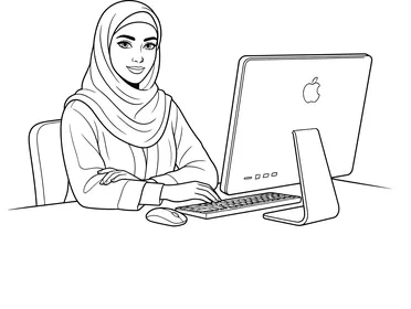 امرأة مسلمة تعمل على جهاز كمبيوتر في المكتب