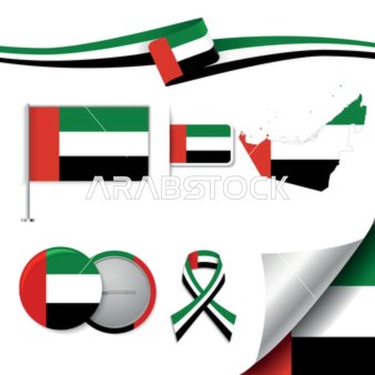 United Arab Emirates National Flag and Map Vector Set