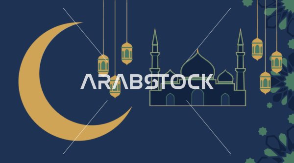 خلفية رمضان إسلامية مع هلال ذهبي وفوانيس ومسجد