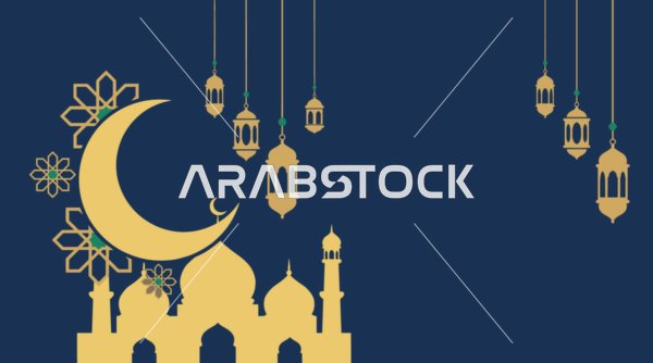 خلفية إسلامية لمسجد مع هلال ذهبي وفوانيس رمضان