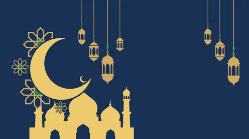 خلفية إسلامية لمسجد مع هلال ذهبي وفوانيس رمضان