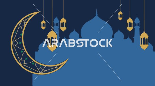 خلفية رمضان زرقاء مع صورة ظلية لمسجد وفوانيس ذهبية