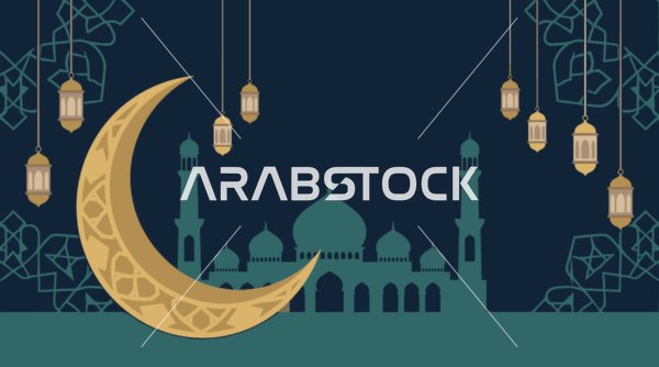 Islamic Mosque Vector and Golden Crescent Moon Background