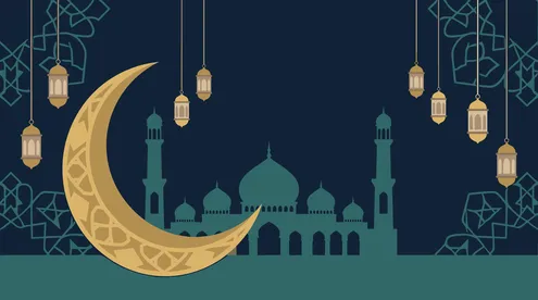 Islamic Mosque Vector and Golden Crescent Moon Background