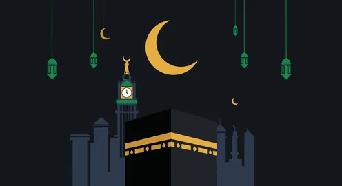 رسم توضيحي للكعبة وبرج الساعة في مكة المكرمة