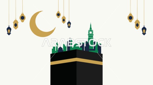 رسم الكعبة المشرفة في مكة مع أفق المدينة وبرج الساعة