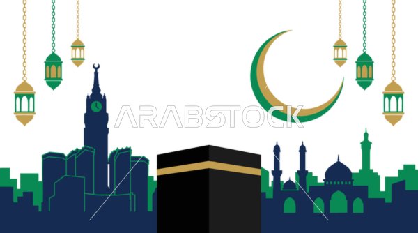 رسم توضيحي للكعبة وبرج الساعة في مكة المكرمة