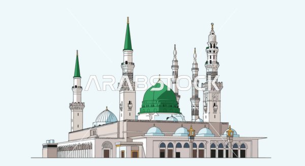 رسم توضيحي للمسجد النبوي الشريف القبة الخضراء بالمدينة