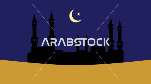 صورة ظلية لمسجد في الصحراء تحت سماء الليل مع هلال