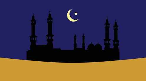 صورة ظلية لمسجد في الصحراء تحت سماء الليل مع هلال