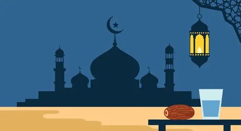 إفطار رمضان رسم توضيحي مع مسجد وفانوس